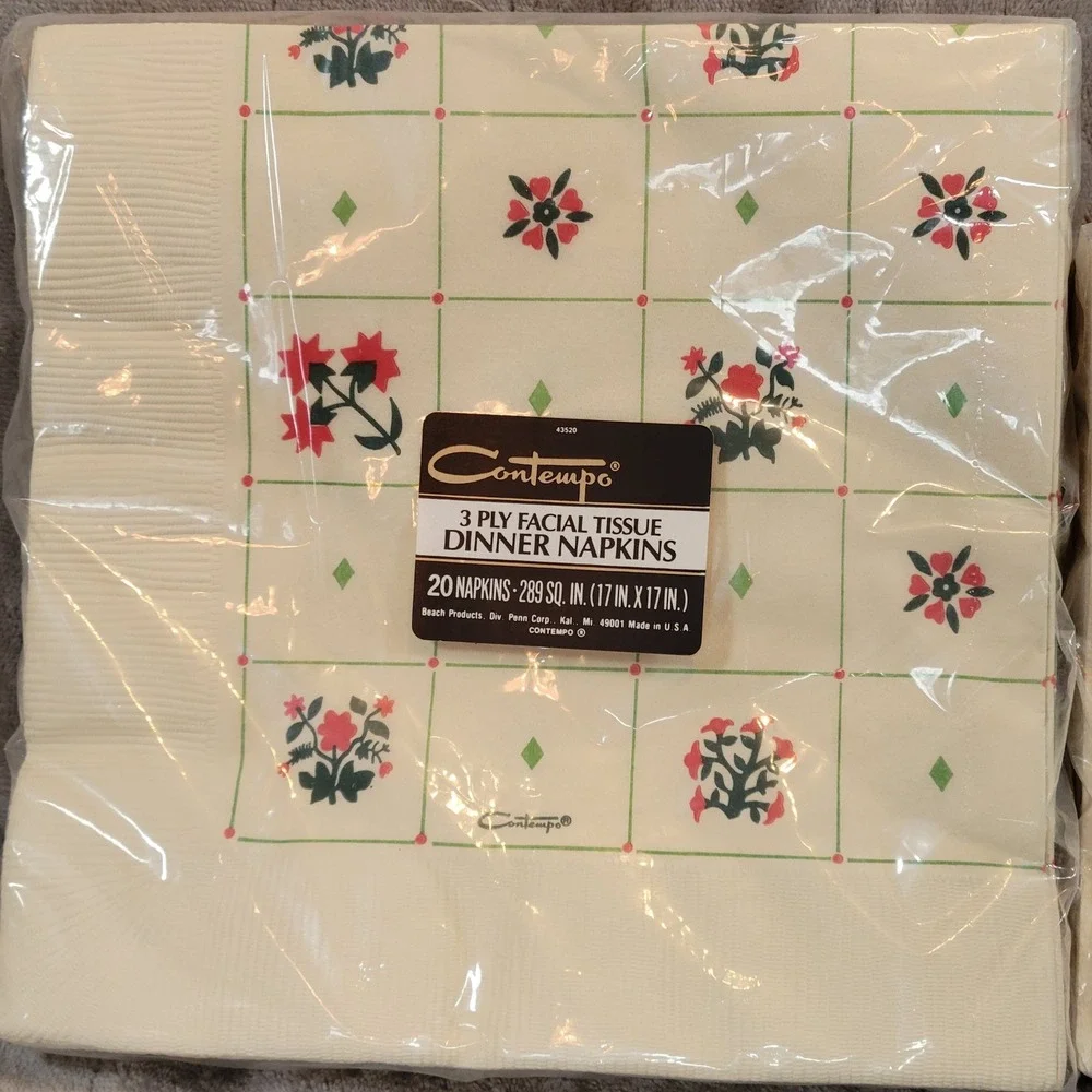 VTG Contempo Floral Paper Napkins Set 40ct Cream‎ Red Green 3-Ply USA Made NEW